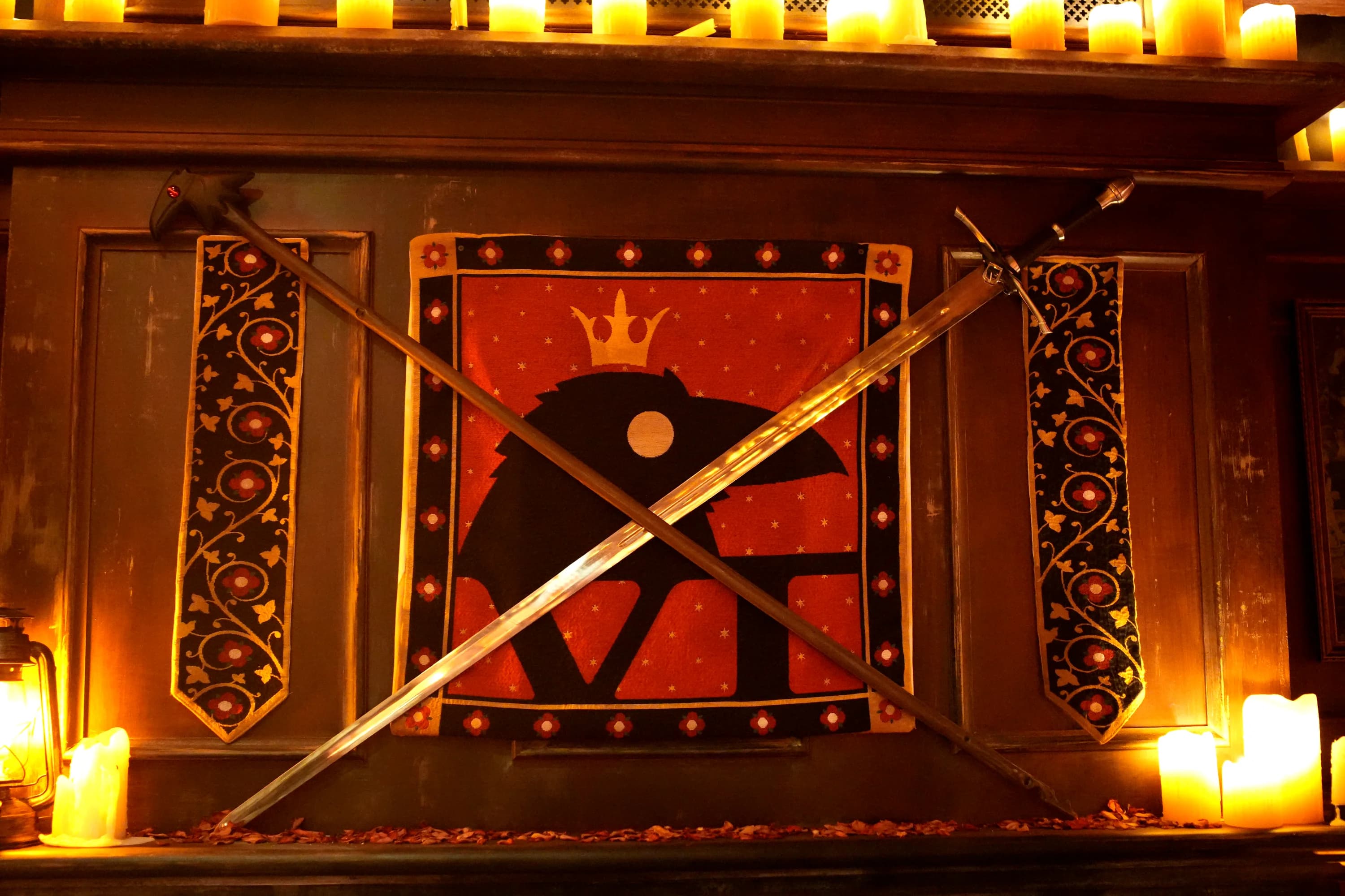 left-side wall when facing the counters